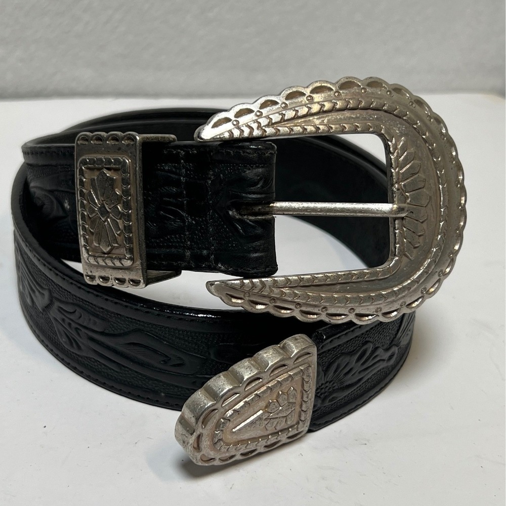 Billy Belts Mens Belt Tooled Floral Leather 32 Black Western Silver Tone  Buckle